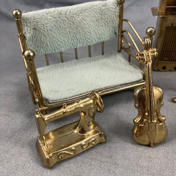 Vtg Dollhouse Furniture Mini Brass Day Bed Cabinet Hutch Sewing Machine Cello - Picture 5 of 5